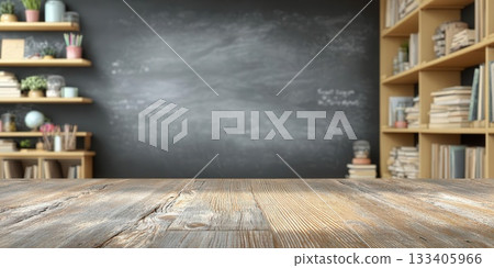 Wooden Table With Bookshelves and Chalkboard Wooden Table With Bookshelves and Chalkboard 133405966