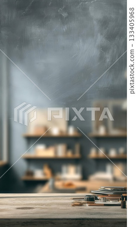 Wooden Desk Surface With Blurred Shelves Wooden Desk Surface With Blurred Shelves 133405968
