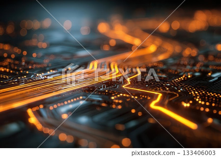 Orange Circuit Board Abstract Close-up 133406003