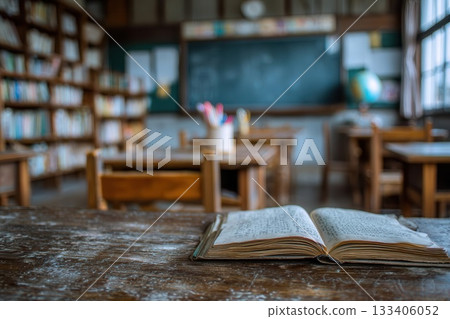 Open Book on a Wooden School Desk 133406052