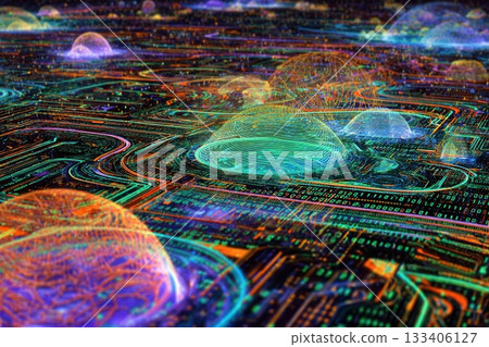 Abstract Circuit Board Landscape With Domes 133406127