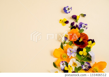 Set of spring garden flowers, purple, yellow, orange flower composition, copy space Set of spring garden flowers, purple, yellow, orange flower composition, copy space 133406512