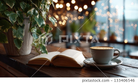 up of coffee and an open book in cafe up of coffee and an open book in cafe 133406546