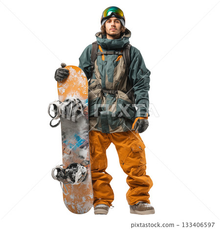 Snowboarder Ready for Adventure on the Slopes With Gear and Board in Hand 133406597