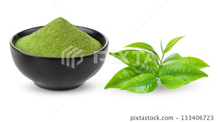 Matcha green tea in black bowl and leaves isolated on white background ( image from camera ) Matcha green tea in black bowl and leaves isolated on white background ( image from camera ) 133406723