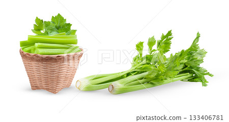 Celery in basket isolated on white background ( image from camera ) 133406781
