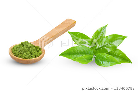 matcha green tea in wood spoon and tea leaves on white background ( image from camera ) matcha green tea in wood spoon and tea leaves on white background ( image from camera ) 133406792