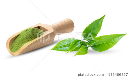 matcha green tea in wood spoon and tea leaves on white background ( image from camera ) matcha green tea in wood spoon and tea leaves on white background ( image from camera ) 133406827