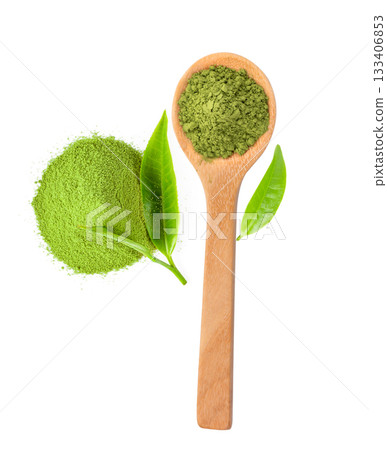 matcha green tea powder in wood spoon with leaves on white background ( image from camera ) 133406853