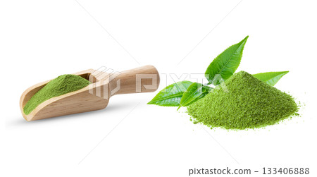 matcha green tea in wood spoon and tea leaves on white background ( image from camera ) 133406888