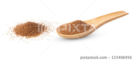 Brown Teff Grain in wood spoon isolated on white background ( image from camera ) 133406956