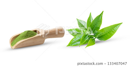 matcha green tea and tea leaves on white background ( image from camera ) matcha green tea and tea leaves on white background ( image from camera ) 133407047