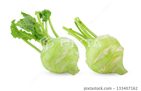 Fresh kohlrabi with green leaves on white background ( image from camera ) Fresh kohlrabi with green leaves on white background ( image from camera ) 133407162