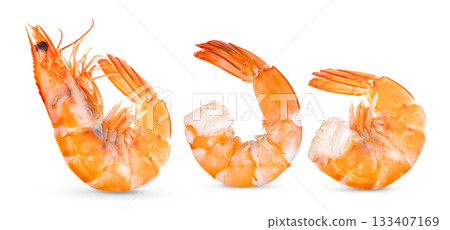 Cooked shrimps isolated on white background ( omage from camera ) 133407169
