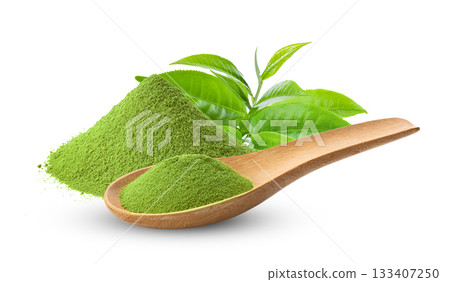 matcha green tea powder in wood spoon on white background matcha green tea powder in wood spoon on white background 133407250