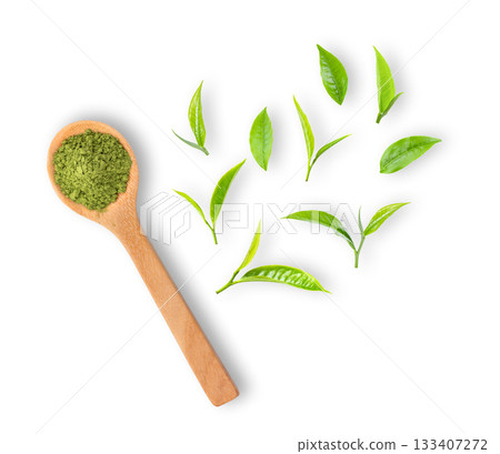 matcha green tea powder in wood spoon with leaves isolated on white background matcha green tea powder in wood spoon with leaves isolated on white background 133407272