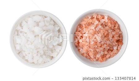 Sea salt  Himalayan pink salt  white bowl isolated on white background 133407814