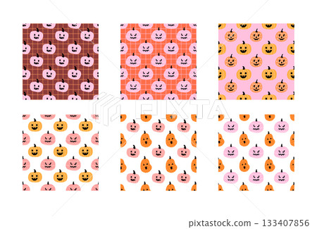 Set of Cute Hand Drawn Pink Pumpkin Halloween Seamless Patterns 133407856