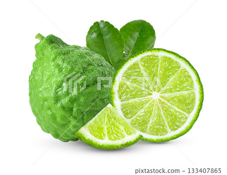 bergamot or kaffir with drop of water isolated on white background bergamot or kaffir with drop of water isolated on white background 133407865