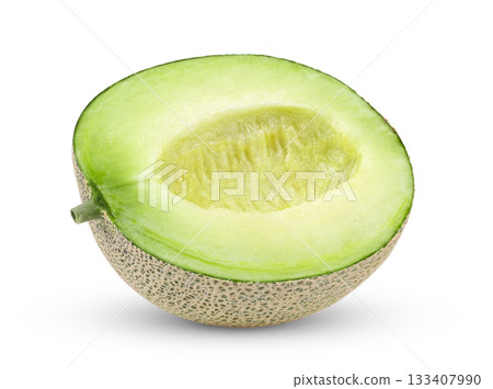 slice of green cantaloupe melon isolated on white background 133407990