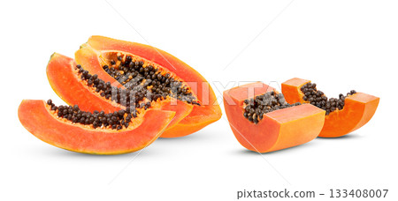 slice of ripe papaya fruit with seeds isolated on white background ( image from camera) 133408007