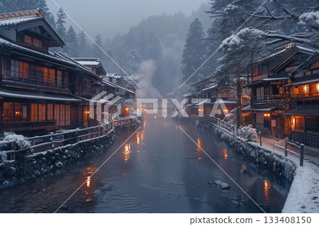 雪中溫泉街的風景 雪中溫泉街的風景 133408150