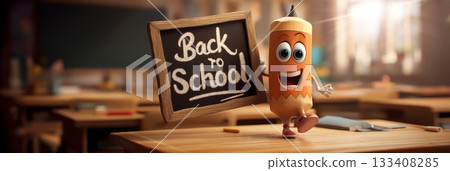 Cartoon Character of a Smiling Pencil Holding a Back to School Sign - Generative Ai 133408285