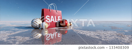 Close-up of a Christmas Winter Sale Red Shopping Bag on a Frozen Lake - Generative Ai 133408309