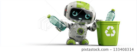 Close-up of a Cute Futuristic Little Robot Places a Plastic Bottle Into a Green Recycling Bin - Generative Ai 133408314