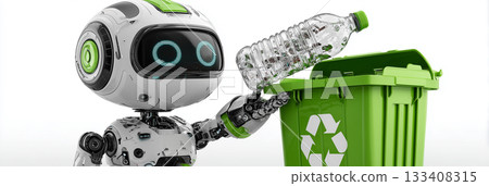 Close-up of a Cute Futuristic Little Robot Places a Plastic Bottle Into a Green Recycling Bin - Generative Ai 133408315