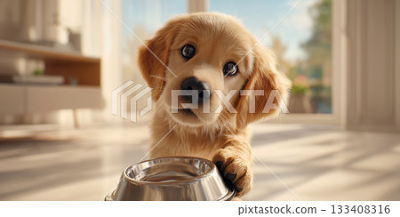 Close-up of a Cute Golden Retriever Dog with an Empty Metal Bowl Begging for Food - Generative Ai 133408316