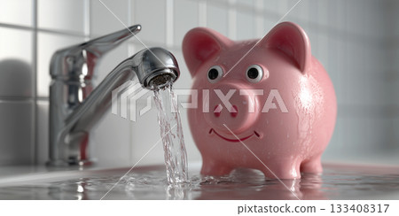 Close-up of a Cute Smiling Piggy Bank and Flowing Faucet - Water Conservation Concept - Generative Ai 133408317