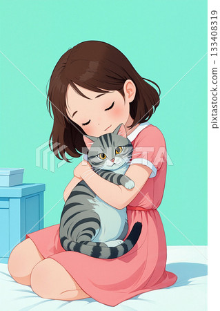 Young Girl in Pink Dress Lovingly Cuddles Gray Striped Cat in a Cozy Room Setting 133408319