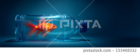 Close-up of a Goldfish Trapped Inside a Plastic Bottle Filled with Water on a Blue Background - Generative Ai. Close-up of a Goldfish Trapped Inside a Plastic Bottle Filled with Water on a Blue Background - Generative Ai. 133408332