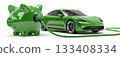 Close-up of a Green Ceramic Piggy Bank Charging a Green Electric Car on White Background - Generative Ai 133408334