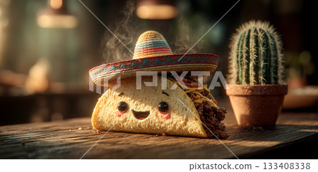 Close-up of a Hyper-Realistic Smiling Mexican Taco with Sombrero on Wooden Table - Generative Ai Close-up of a Hyper-Realistic Smiling Mexican Taco with Sombrero on Wooden Table - Generative Ai 133408338