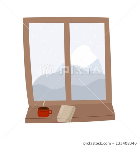 Warm winter window illustration with mountains 133408340