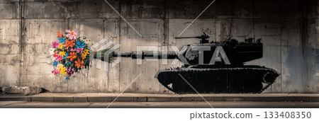 Close-up of a Stencil Mural of a Black Tank Shooting a Colorful Bouquet of Flowers - Generative Ai 133408350