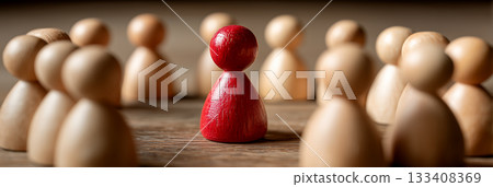 Close-up of a Red Wooden Pawn Surrounded by Natural Wooden Pawns in a Circle - Generative Ai 133408369