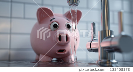 Close-up of a Smiling Piggy Bank and Flowing Faucet - Water Conservation Concept - Generative Ai Close-up of a Smiling Piggy Bank and Flowing Faucet - Water Conservation Concept - Generative Ai 133408378