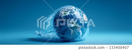 Close-up of an Earth Globe Trapped in a Transparent Plastic Bag on a Blue Background - Generative Ai 133408407