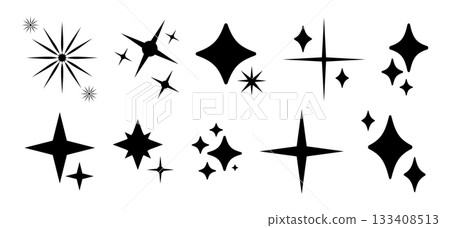 Stars icon trendy collection. Different minimalist star retro shape symbols. Set of black flat shine blink twinkle, sunburst stars. Magic light flare, bright flash, sparkle star patterns. Shining glow 133408513