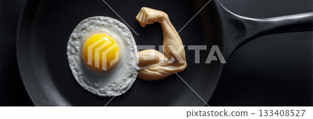 Extreme Close-up of a Fried Egg Shaped Like a Muscular Bicep in a Black Cast-Iron Pan - Generative Ai Extreme Close-up of a Fried Egg Shaped Like a Muscular Bicep in a Black Cast-Iron Pan - Generative Ai 133408527