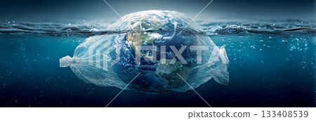 Earth Globe Trapped in a Transparent Plastic Bag Floating Between Ocean Surface and Abyss - Generative Ai 133408539