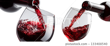 Elegant Pour of Red Wine into Crystal Glass Isolated on White Background - Generative Ai 133408540