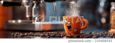 Espresso Machine Pouring into Smiling Orange Coffee Cup Giving Thumbs Up - Generative Ai 133408541