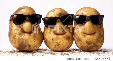 Extreme Close-up of Three Smiling Realistic Potatoes Wearing Dark Sunglasses on White Background - Generative Ai Extreme Close-up of Three Smiling Realistic Potatoes Wearing Dark Sunglasses on White Background - Generative Ai 133408561