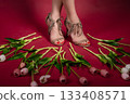 Woman's legs in sandals on a red background surrounded by flowers 133408571
