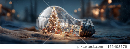 Extreme Close-up of a Glowing Light Bulb in the Snow with a Christmas Tree Inside it - Generative Ai 133408576