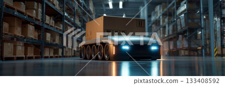 High-Tech Autonomous AGV Robot Carrying Cardboard Box in Futuristic Retail Warehouse - Generative Ai 133408592